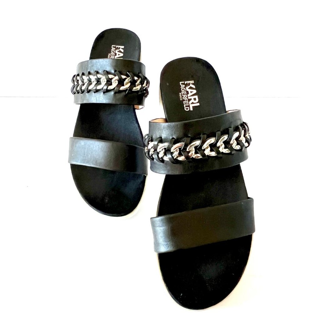 Karl Lagerfeld Paris Slip On Sandals, Black Leather, Meslay, Size 8, EC!